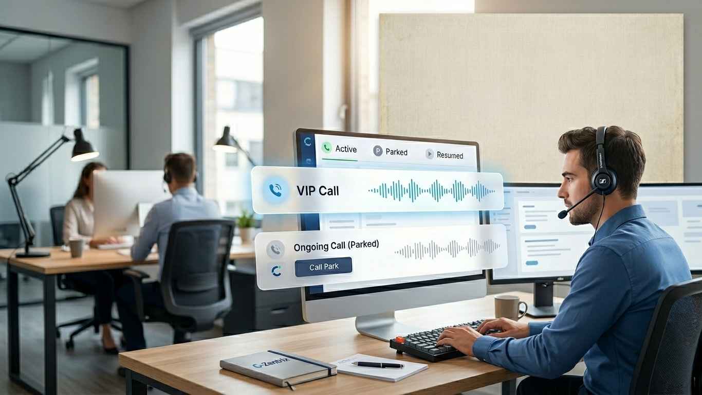 Contact center agent using Call Park feature in C-Zentrix to manage VIP and simultaneous customer calls