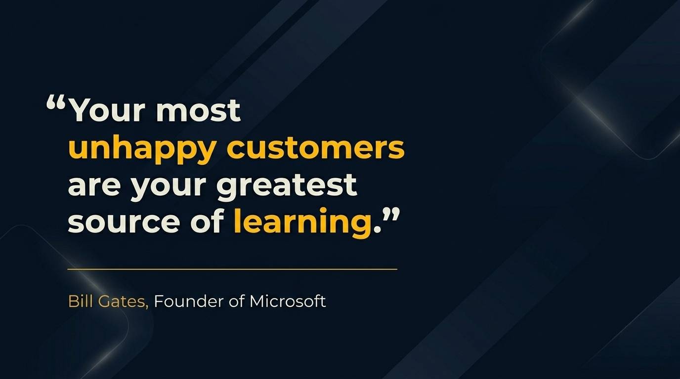 A professional landscape-format social media graphic with a dark navy blue background featuring subtle, abstract geometric patterns and soft light streaks. The left-aligned quote, "Your most unhappy customers are your greatest source of learning," is written in a bold, white sans-serif font, with the words "unhappy customers" and "learning" highlighted in vibrant yellow. A thin horizontal yellow line separates the quote from the attribution below: "Bill Gates, Founder of Microsoft," which is written in a smaller, clean white font.